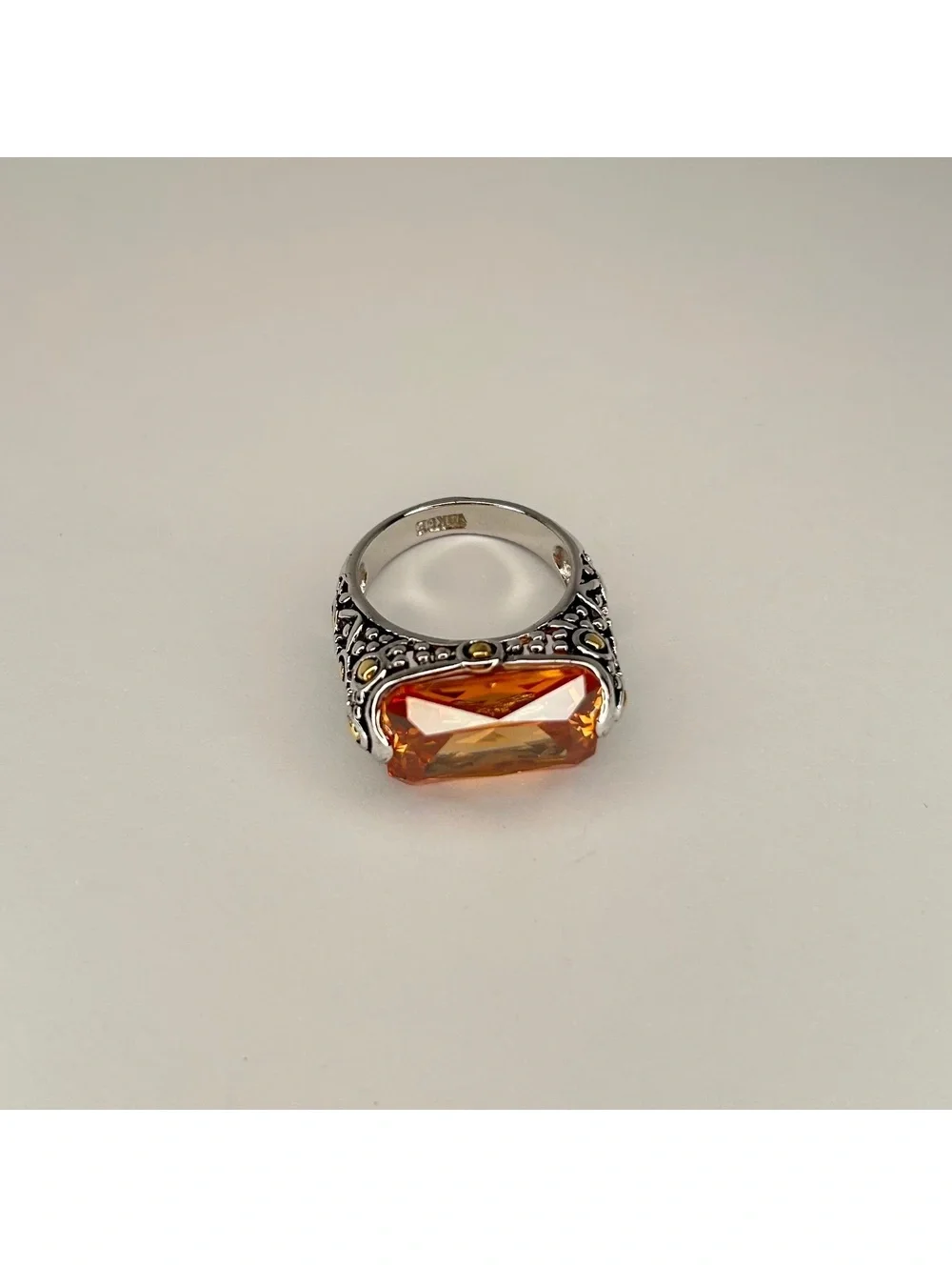 Vintage Style Silver Tone Citrine Topaz CZ and 18K GE Statement Ring - Size 9.25
